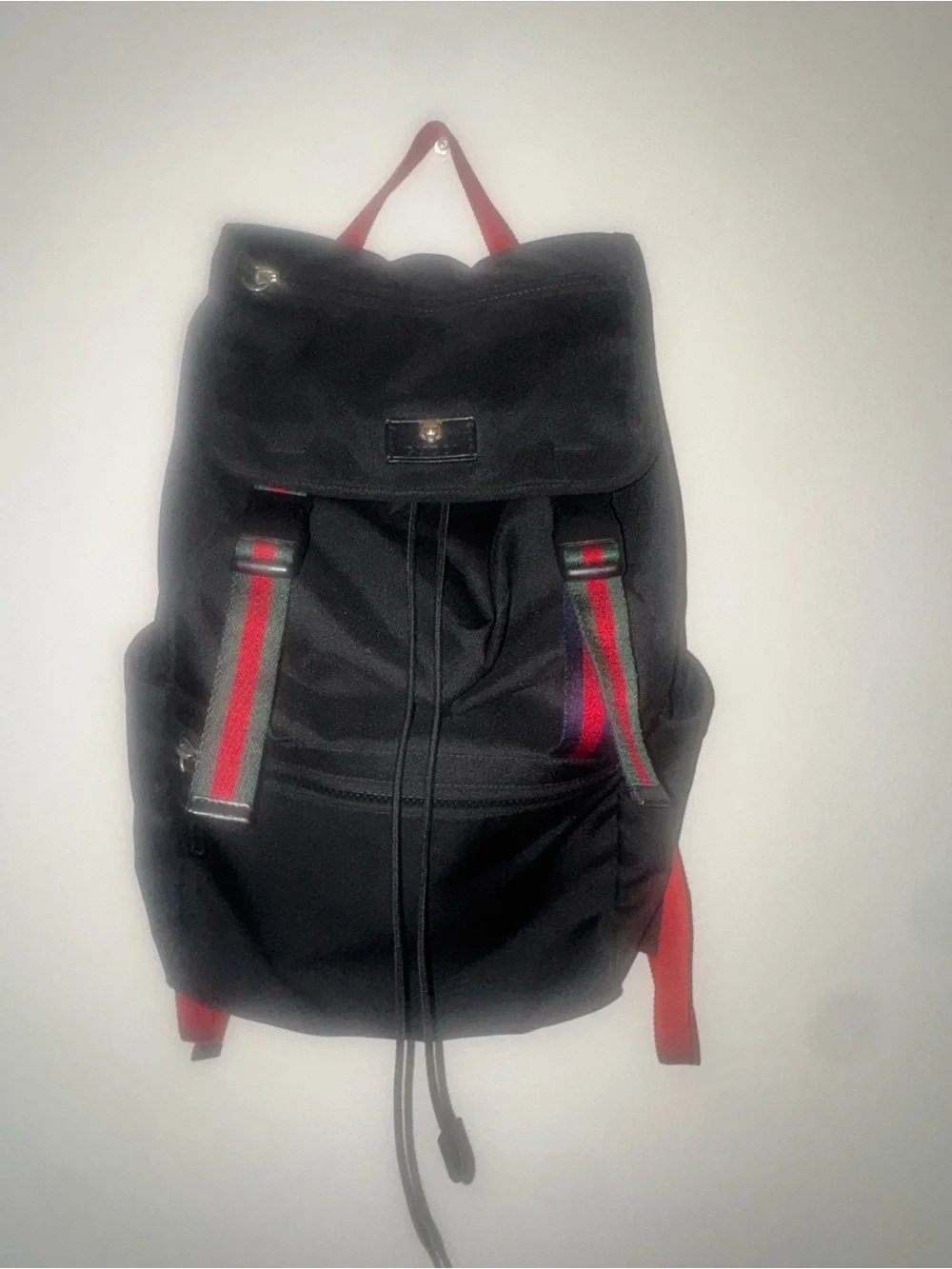 Gucci Black Canvas Backpack with Red and Green Stripe Accents